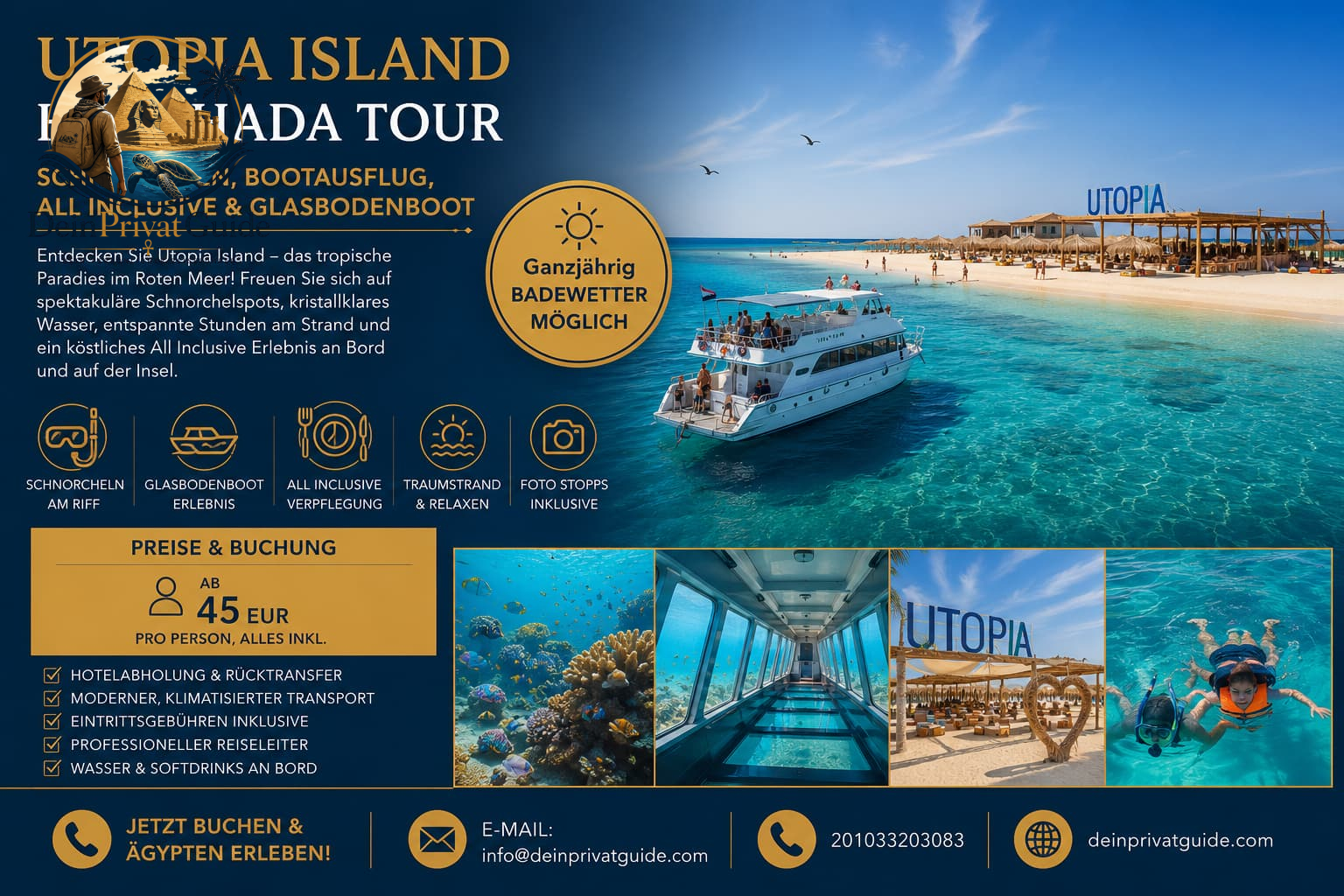 Utopia Island Hurghada Tour – Schnorcheln,Bootsausflug, All Inclusive & Glas boden boot